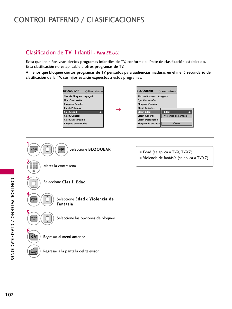 Clasificacion de tv- infantil - para ee.uu, Control paterno / clasificaciones, Clasificacion de tv- infantil | Para ee.uu, Contr ol pa terno / clasifica ciones | LG 22LD350C User Manual | Page 359 / 379