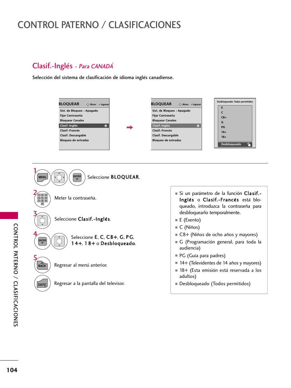 Clasif.-inglés - para canadá, Control paterno / clasificaciones, Clasif.-inglés | Para canadá, Contr ol pa terno / clasifica ciones, Si un parámetro de la función | LG 22LD350C User Manual | Page 361 / 379