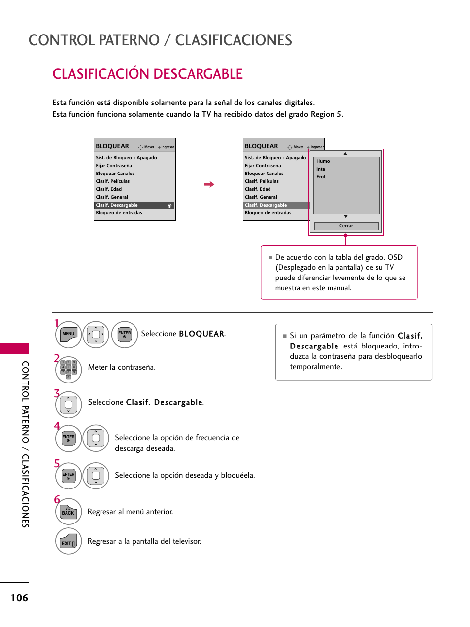 Clasificación descargable, Control paterno / clasificaciones, Contr ol pa terno / clasifica ciones | Si un parámetro de la función | LG 22LD350C User Manual | Page 363 / 379