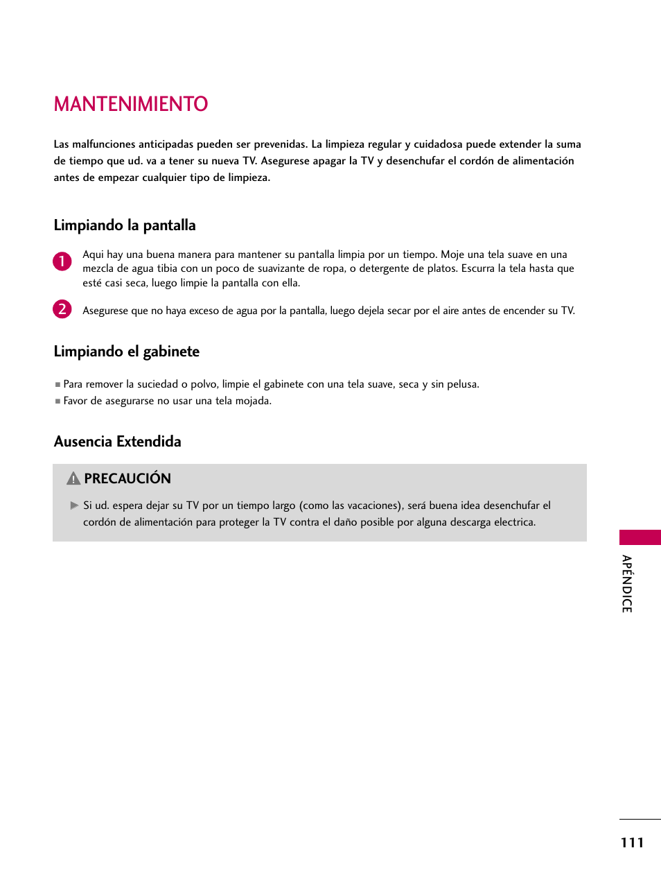 Mantenimiento, Limpiando la pantalla, Limpiando el gabinete | Ausencia extendida | LG 22LD350C User Manual | Page 368 / 379