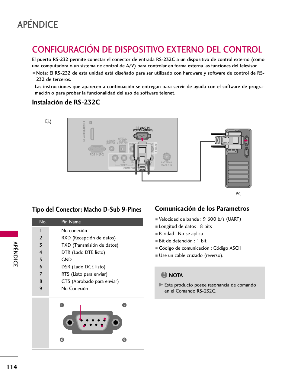 Configuración de dispositivo externo del control, Instalación de rs-232c, Tipo del conector; macho d-sub 9-pines | Comunicación de los parametros, Apéndice, Nota | LG 22LD350C User Manual | Page 371 / 379