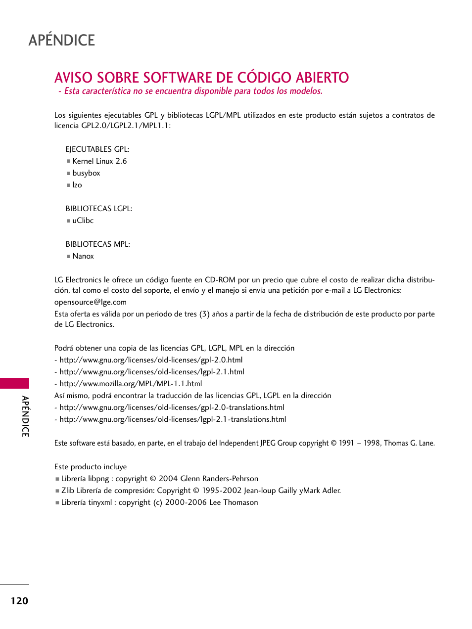 Aviso sobre software de código abierto, Apéndice | LG 22LD350C User Manual | Page 377 / 379