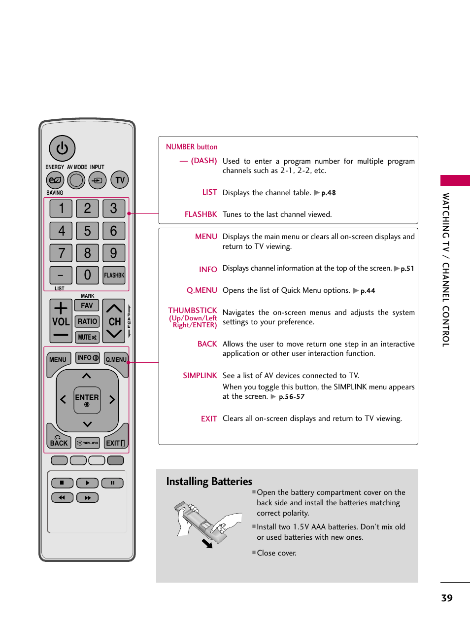 Installing batteries, Ch vol | LG 22LD350C User Manual | Page 40 / 379