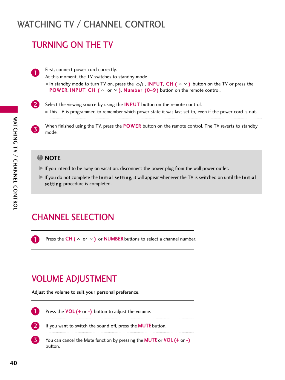 Turning on the tv, Channel selection, Volume adjustment | Watching tv / channel control, Volume adjustment channel selection | LG 22LD350C User Manual | Page 41 / 379