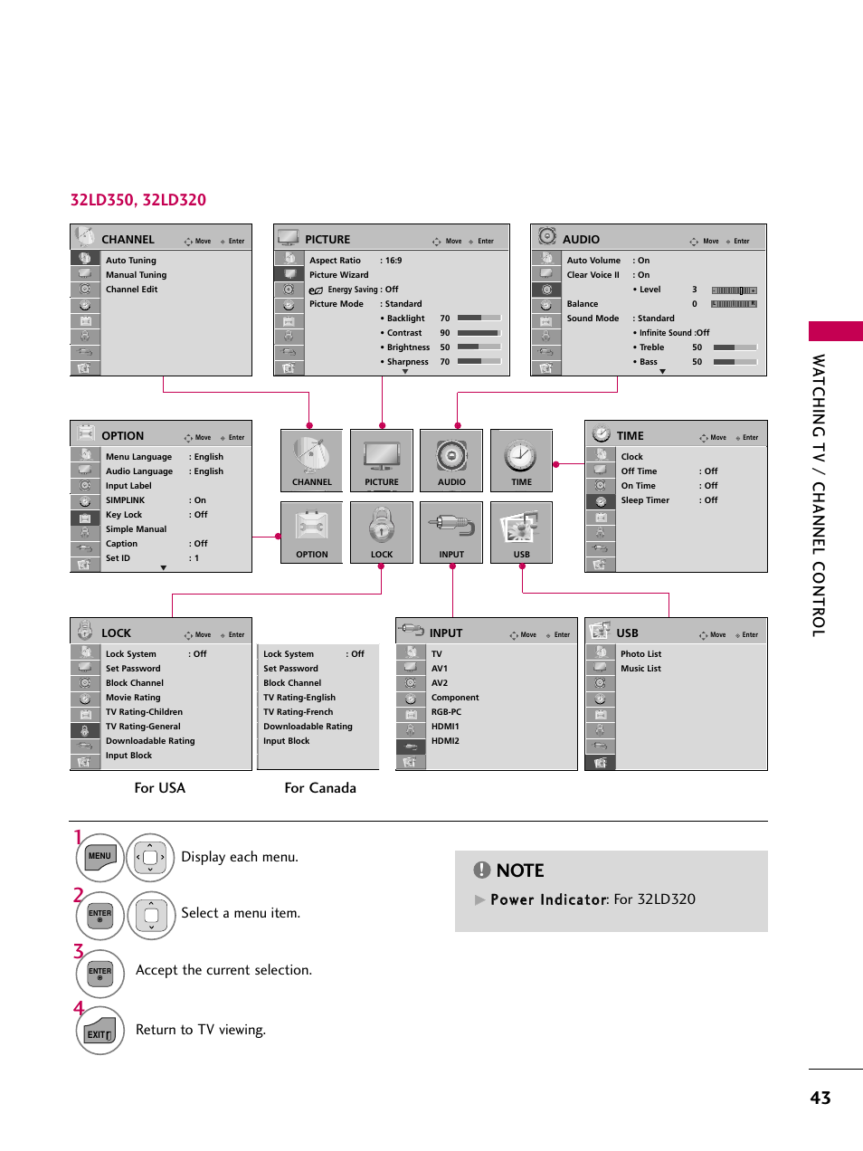 Watching tv / channel contr ol, Return to tv viewing, For usa for canada | LG 22LD350C User Manual | Page 44 / 379