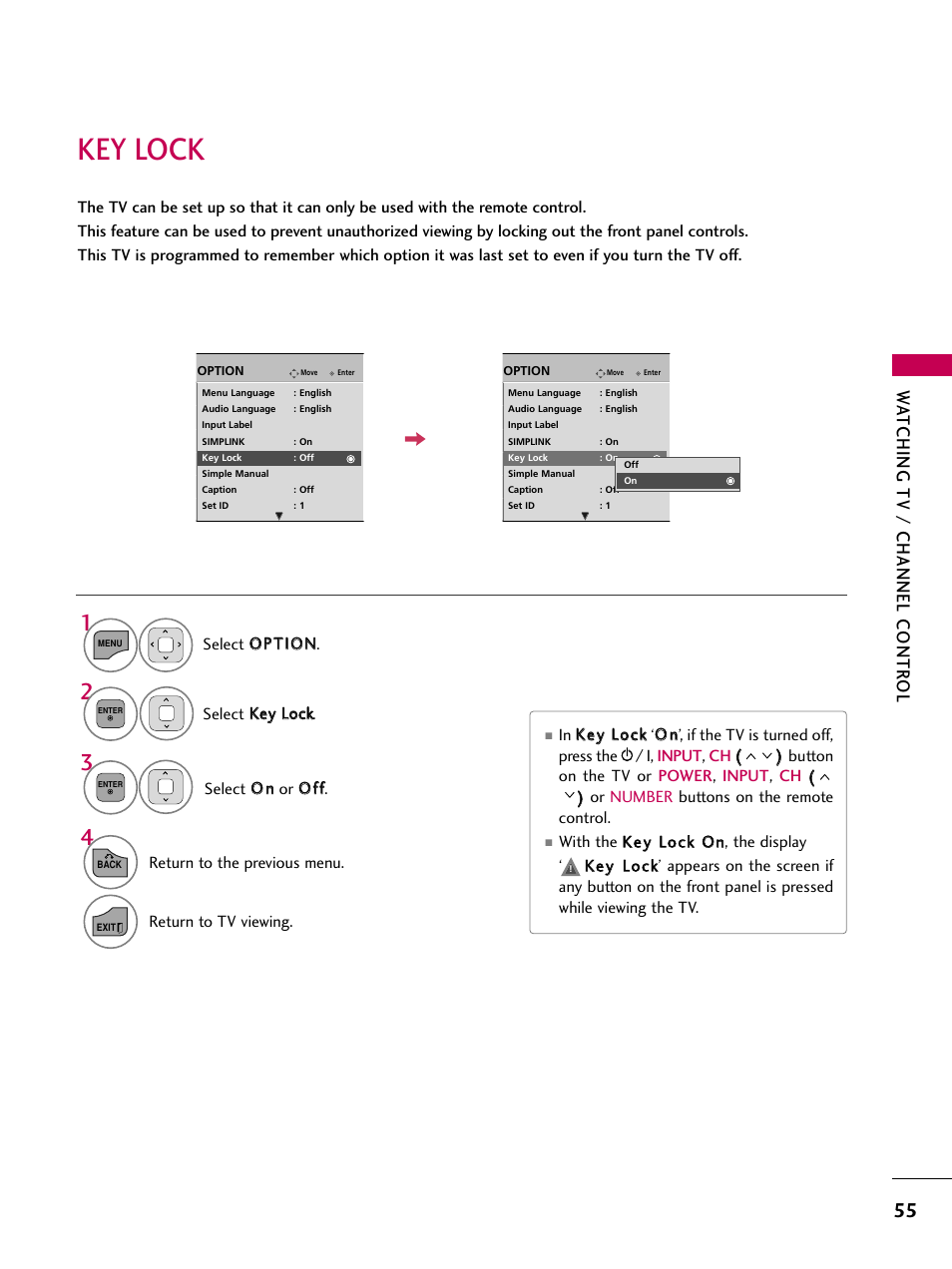 Key lock, Watching tv / channel contr ol | LG 22LD350C User Manual | Page 56 / 379