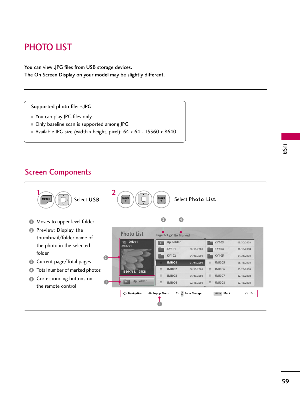 Photo list, Screen components, You can play jpg files only | Only baseline scan is supported among jpg | LG 22LD350C User Manual | Page 60 / 379