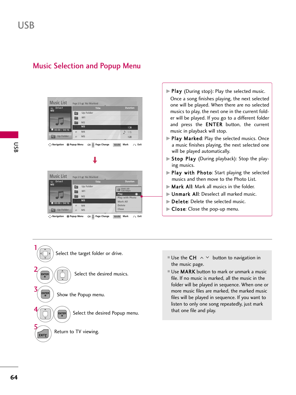 Music selection and popup menu, Return to tv viewing, Music list | Ddeelleettee: delete the selected music, Ccllo ossee: close the pop-up menu | LG 22LD350C User Manual | Page 65 / 379