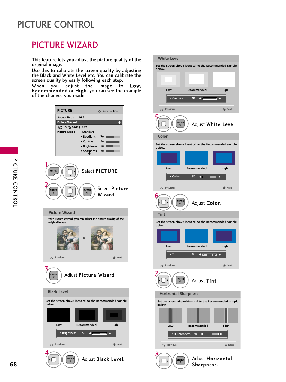 Picture wizard, Picture control, Picture contr ol | Adjust b bllaacckk lleevveell, Adjust c co ollo orr, Adjust t tiinntt | LG 22LD350C User Manual | Page 69 / 379
