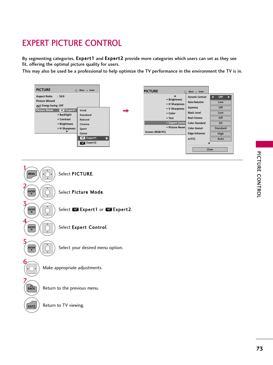 Expert picture control, Picture contr ol, Make appropriate adjustments | Return to the previous menu, Return to tv viewing, Select your desired menu option | LG 22LD350C User Manual | Page 74 / 379
