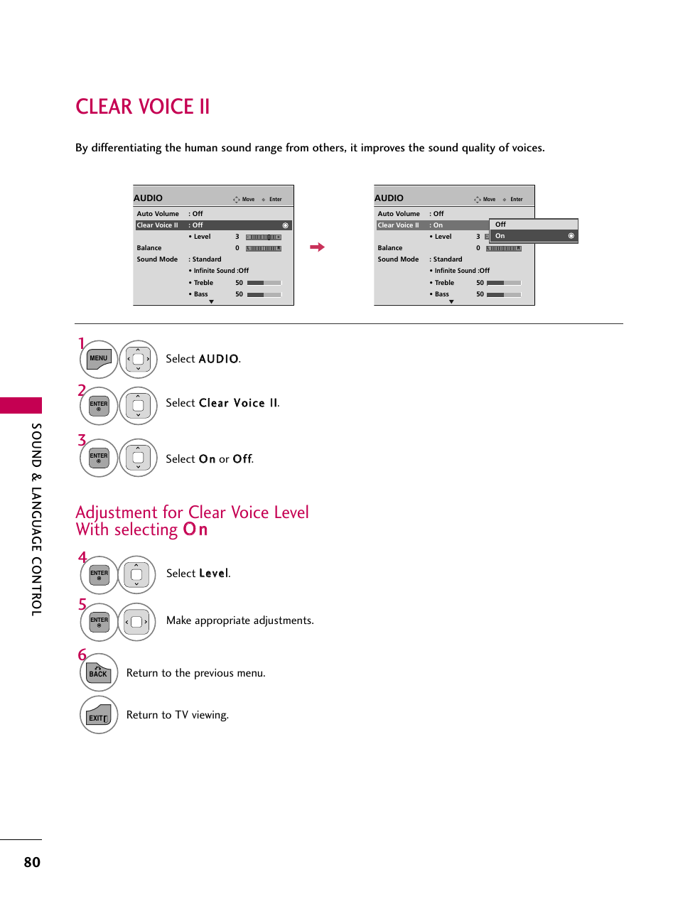 Clear voice ii, Sound & langu a ge contr ol | LG 22LD350C User Manual | Page 81 / 379
