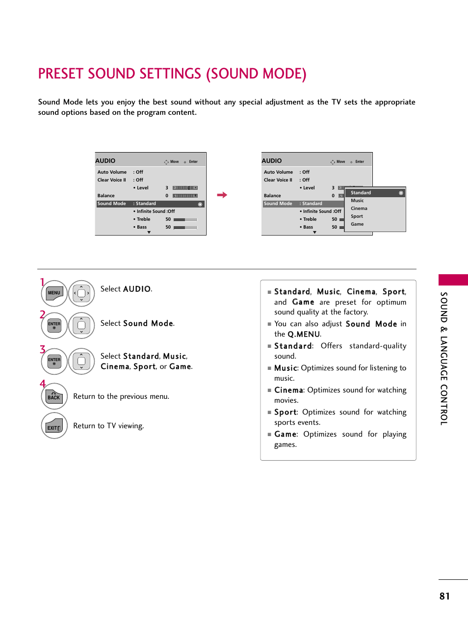 Preset sound settings (sound mode), Sound & langu a ge contr ol | LG 22LD350C User Manual | Page 82 / 379