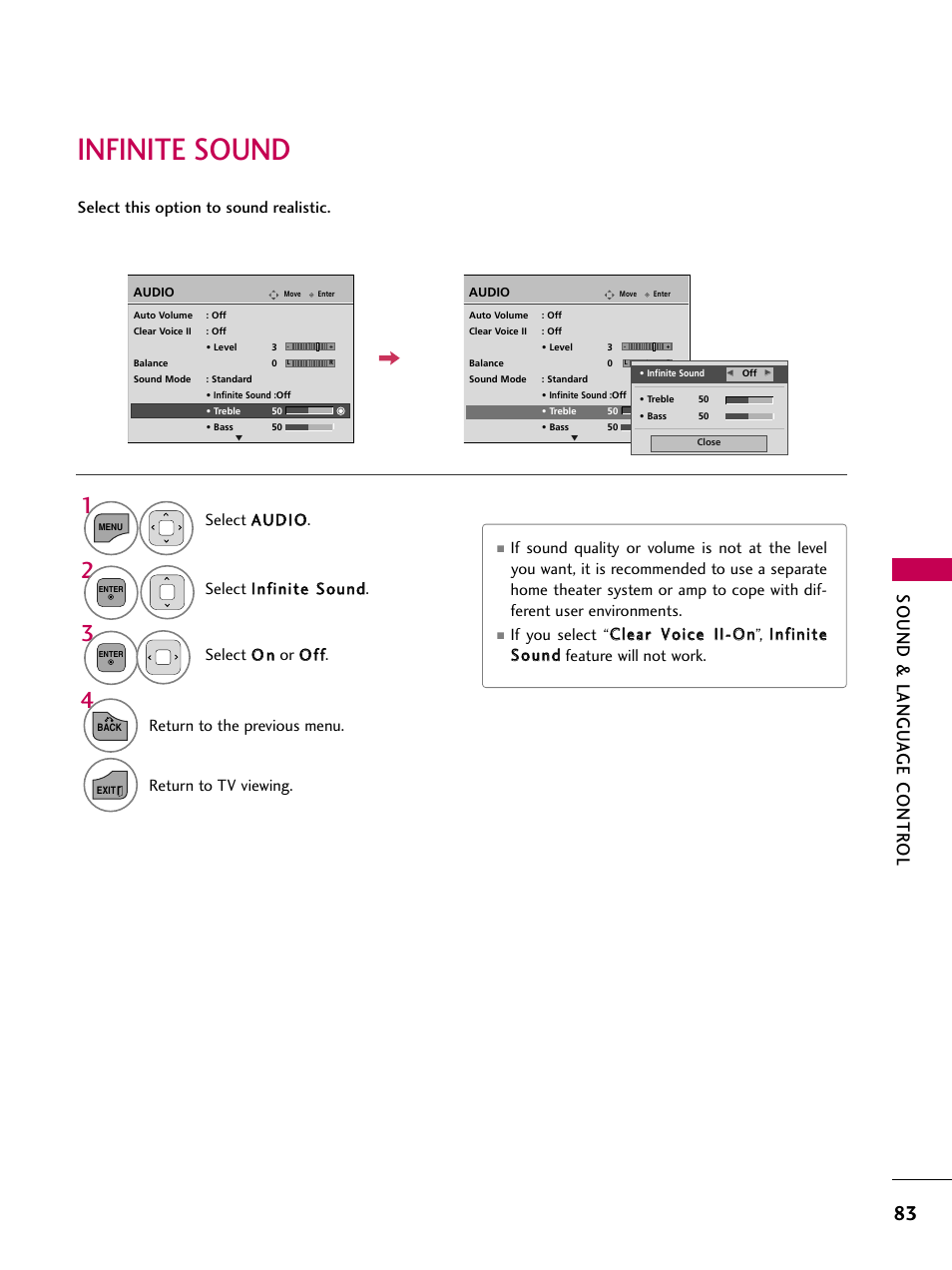 Infinite sound, Sound & langu a ge contr ol, Return to the previous menu | LG 22LD350C User Manual | Page 84 / 379