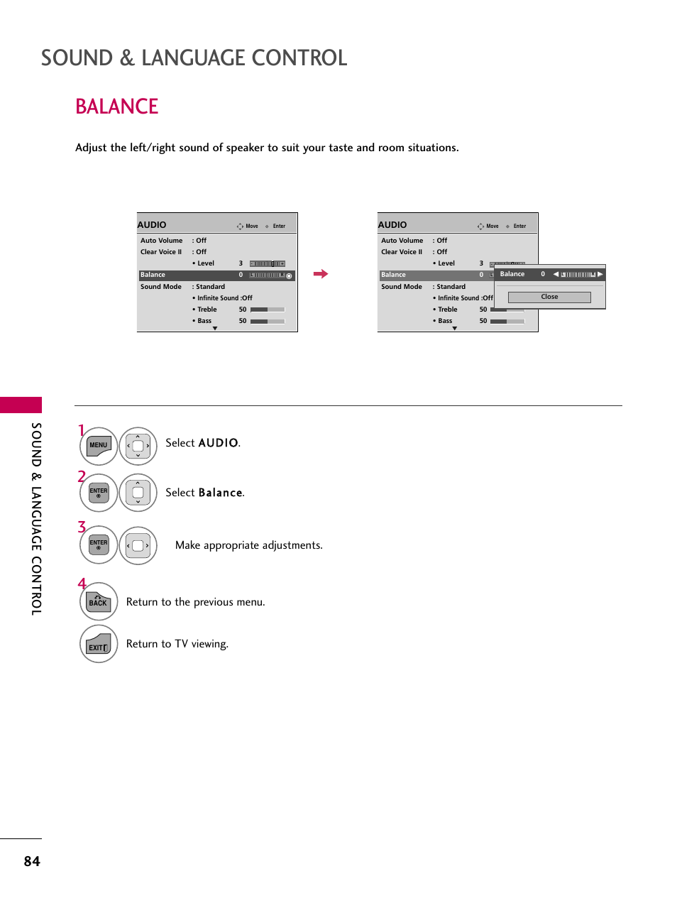 Balance, Sound & language control, Sound & langu a ge contr ol | Return to the previous menu, Return to tv viewing | LG 22LD350C User Manual | Page 85 / 379