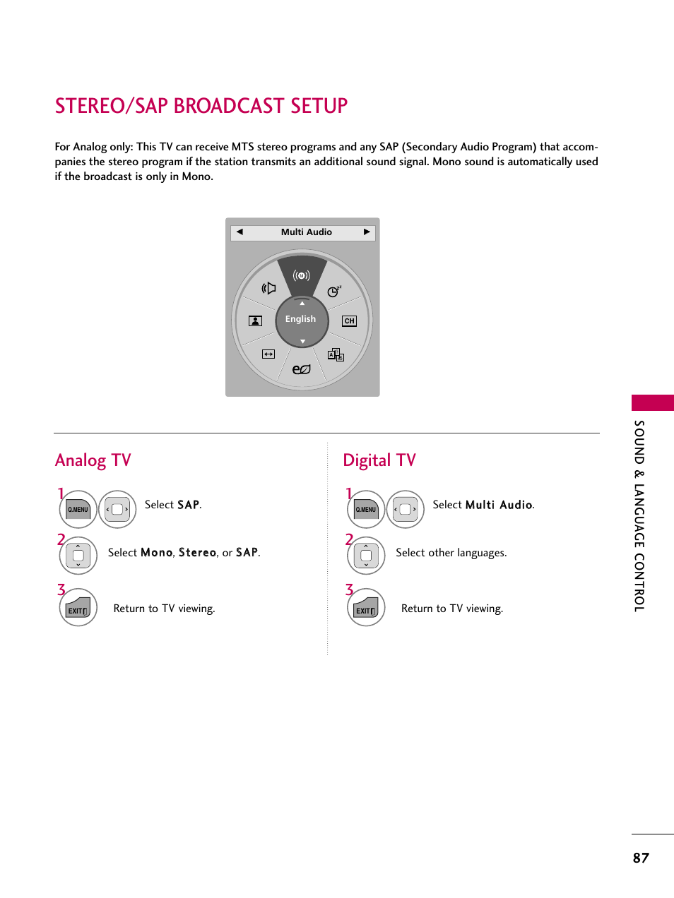 Stereo/sap broadcast setup, Analog tv digital tv | LG 22LD350C User Manual | Page 88 / 379