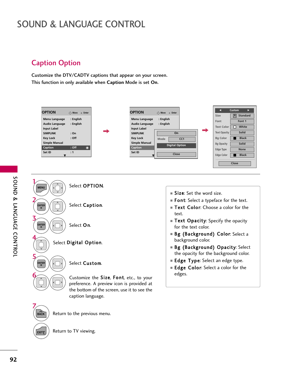 Caption option, Sound & language control, Sound & langu a ge contr ol | LG 22LD350C User Manual | Page 93 / 379