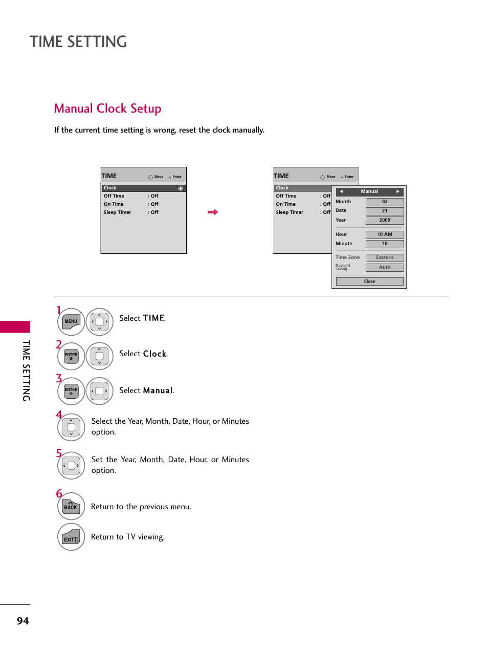 Manual clock setup, Time setting, Set the year, month, date, hour, or minutes option | Return to the previous menu, Return to tv viewing | LG 22LD350C User Manual | Page 95 / 379