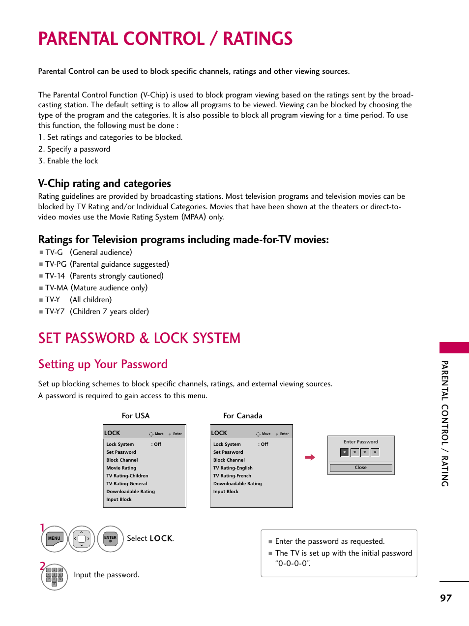 Parental control / ratings, Set password & lock system, Setting up your password | V-chip rating and categories, Parent al contr ol / r ating | LG 22LD350C User Manual | Page 98 / 379