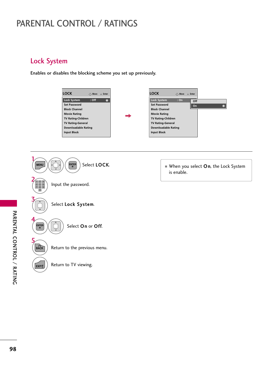 Lock system, Parental control / ratings, Parent al contr ol / r ating | When you select o o nn, the lock system is enable | LG 22LD350C User Manual | Page 99 / 379