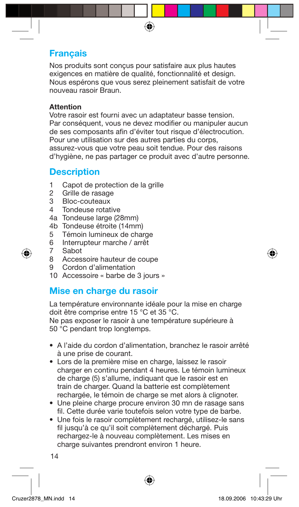 Français, Description, Mise en charge du rasoir | Braun 2878 User Manual | Page 14 / 65