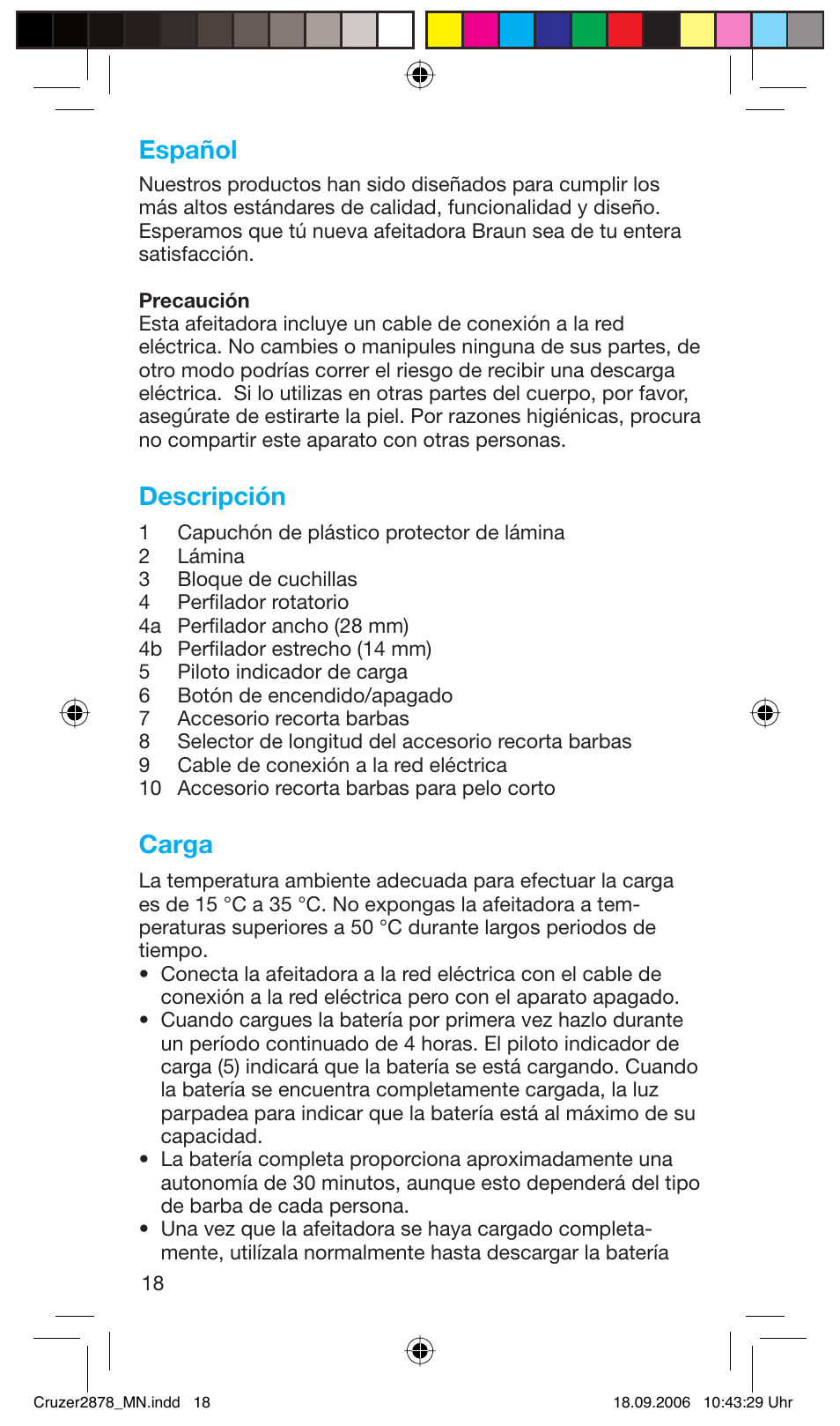 Español, Descripción, Carga | Braun 2878 User Manual | Page 18 / 65