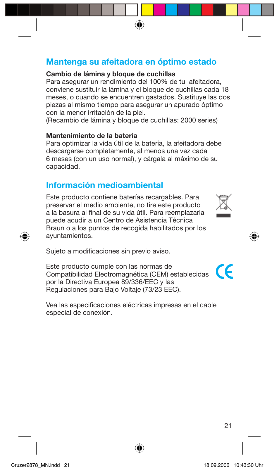 Mantenga su afeitadora en óptimo estado, Información medioambiental | Braun 2878 User Manual | Page 21 / 65