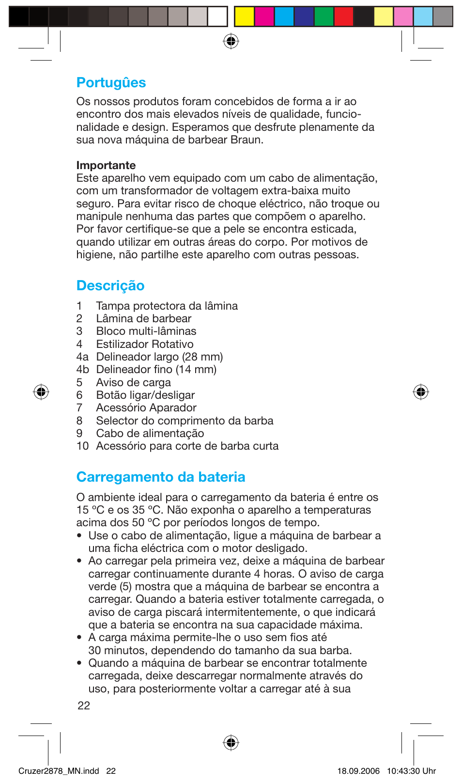 Portugûes, Descrição, Carregamento da bateria | Braun 2878 User Manual | Page 22 / 65