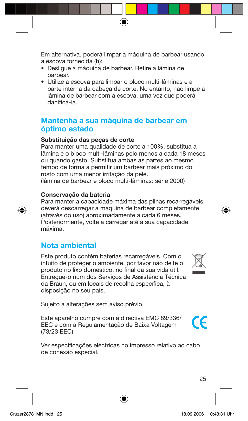 Mantenha a sua máquina de barbear em óptimo estado, Nota ambiental | Braun 2878 User Manual | Page 25 / 65