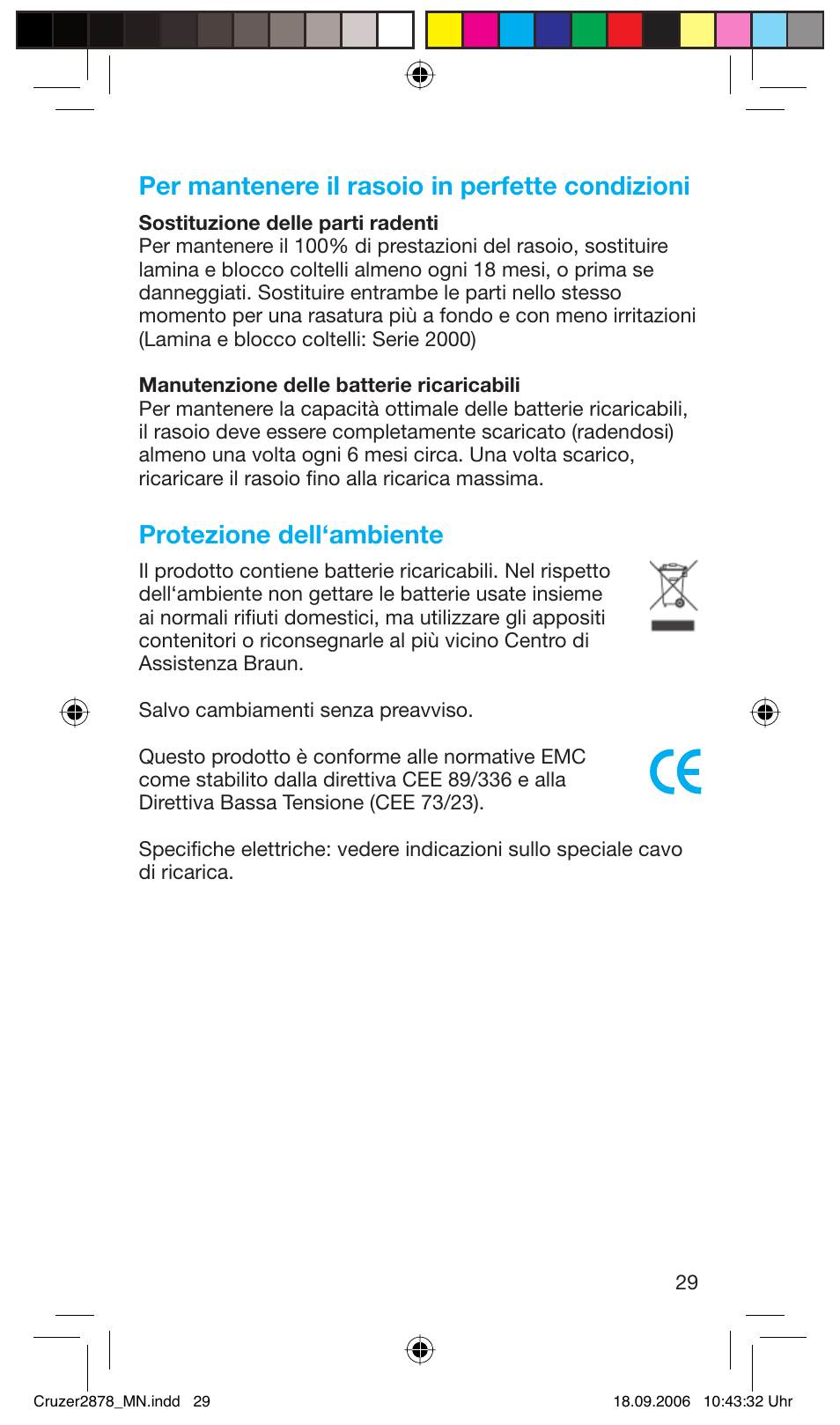 Per mantenere il rasoio in perfette condizioni, Protezione dell‘ambiente | Braun 2878 User Manual | Page 29 / 65