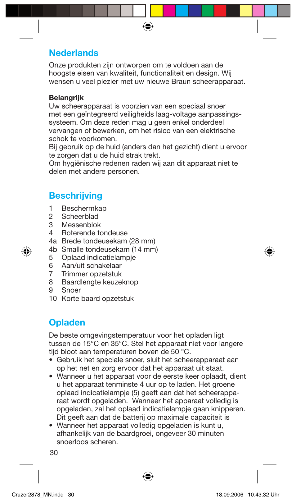Nederlands, Beschrijving, Opladen | Braun 2878 User Manual | Page 30 / 65