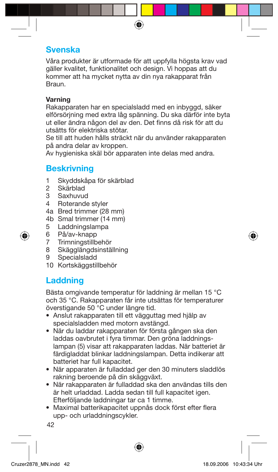 Svenska, Beskrivning, Laddning | Braun 2878 User Manual | Page 42 / 65