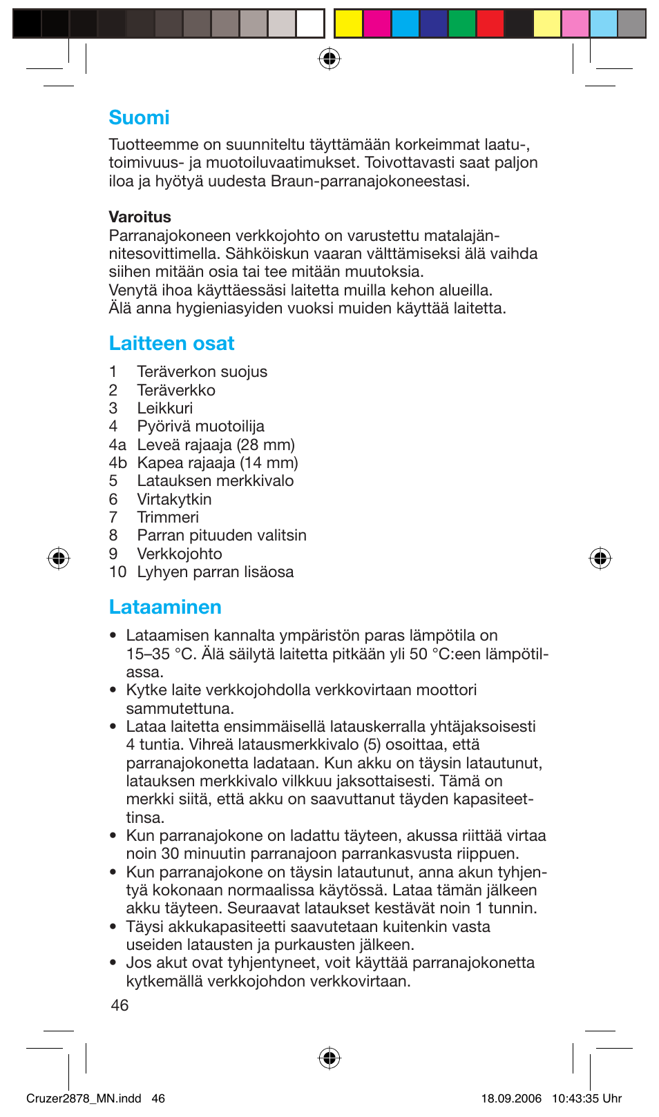 Laitteen osat, Lataaminen, Suomi | Braun 2878 User Manual | Page 46 / 65
