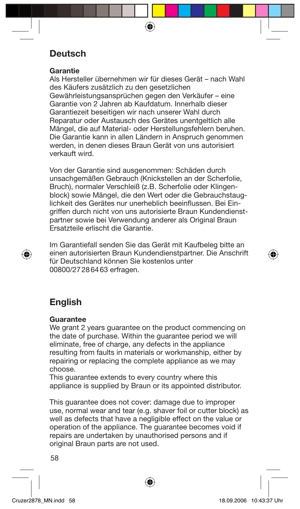 Deutsch, English | Braun 2878 User Manual | Page 58 / 65