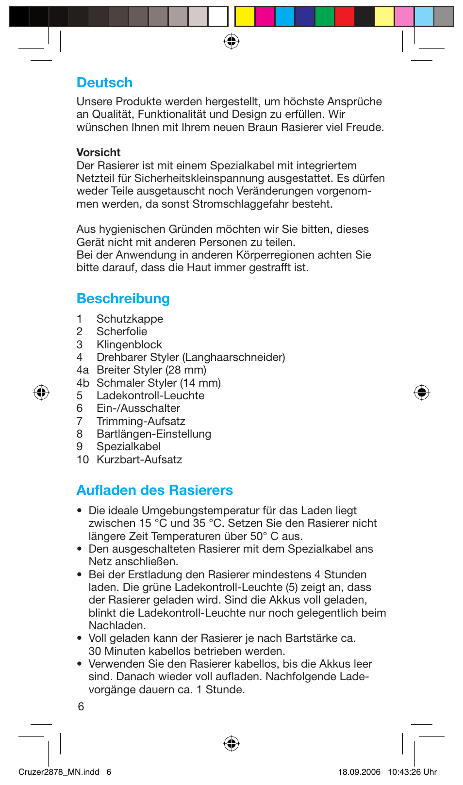 Deutsch, Beschreibung, Aufladen des rasierers | Braun 2878 User Manual | Page 6 / 65