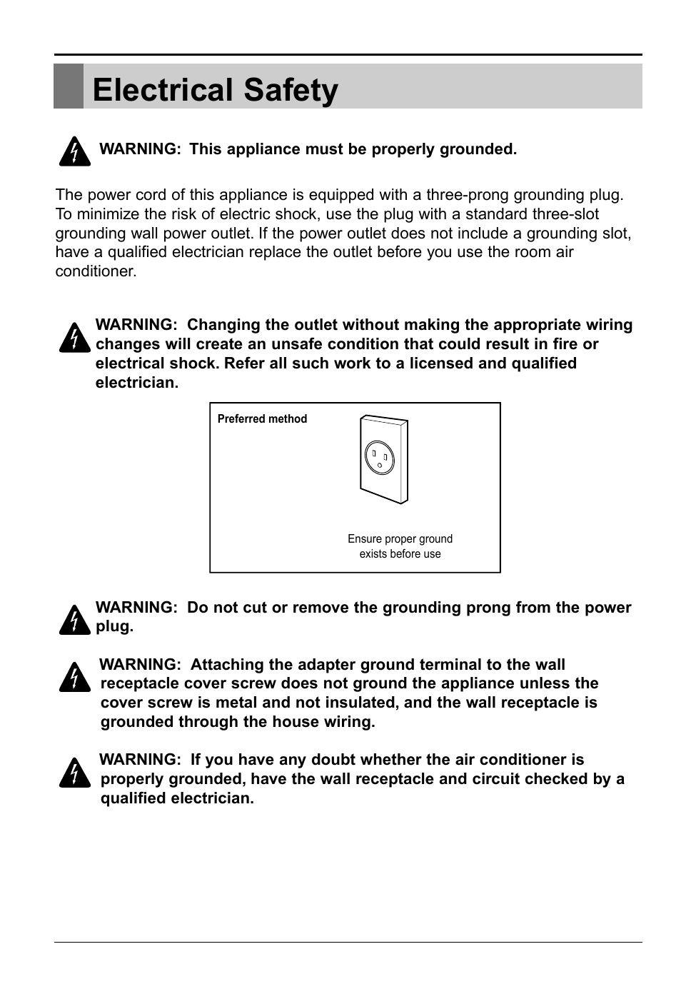 Electrical safety | LG WG1205R User Manual | Page 10 / 50