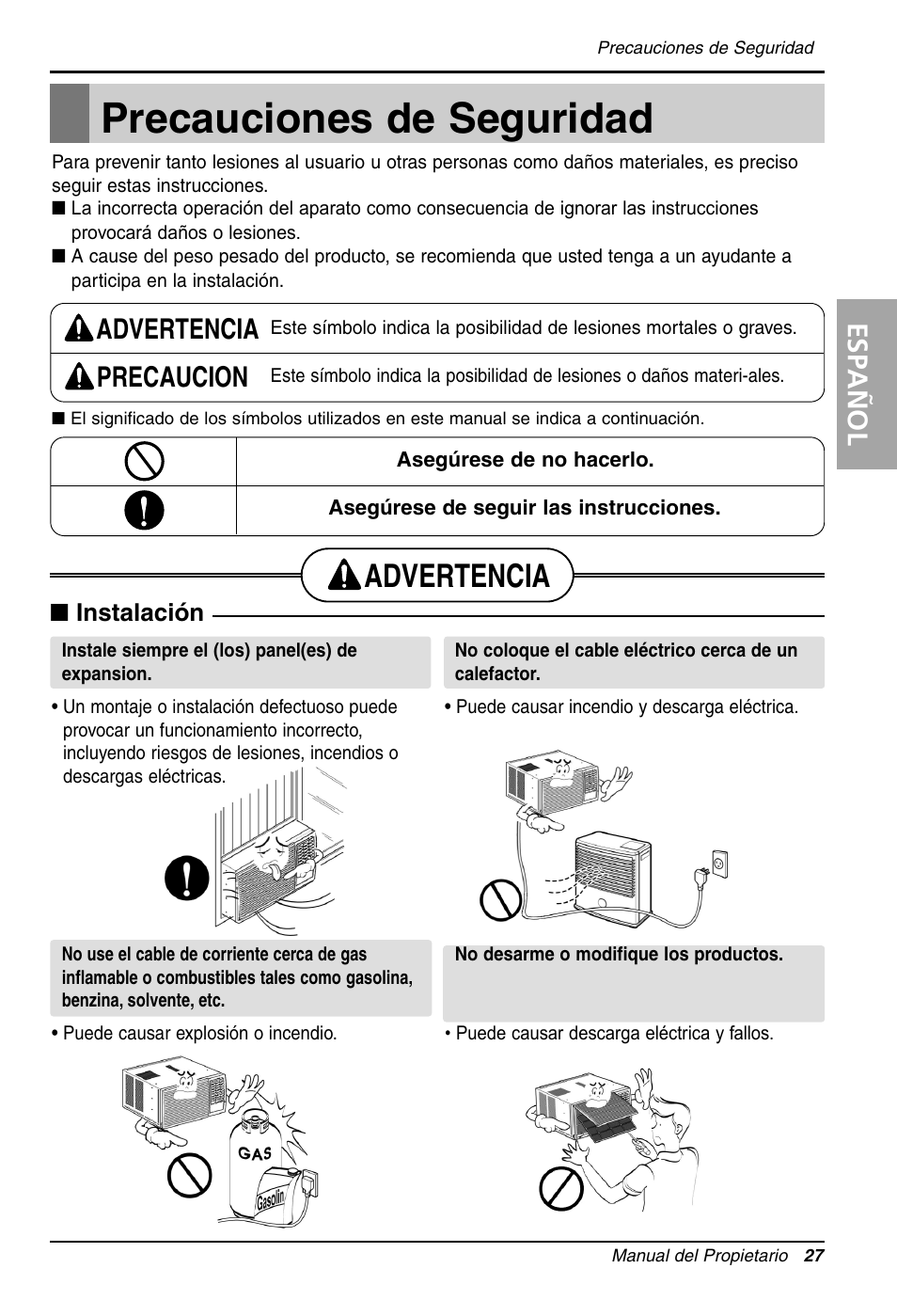 Precauciones de seguridad, Advertencia, Advertencia precaucion | Espa ñ ol | LG WG1205R User Manual | Page 27 / 50