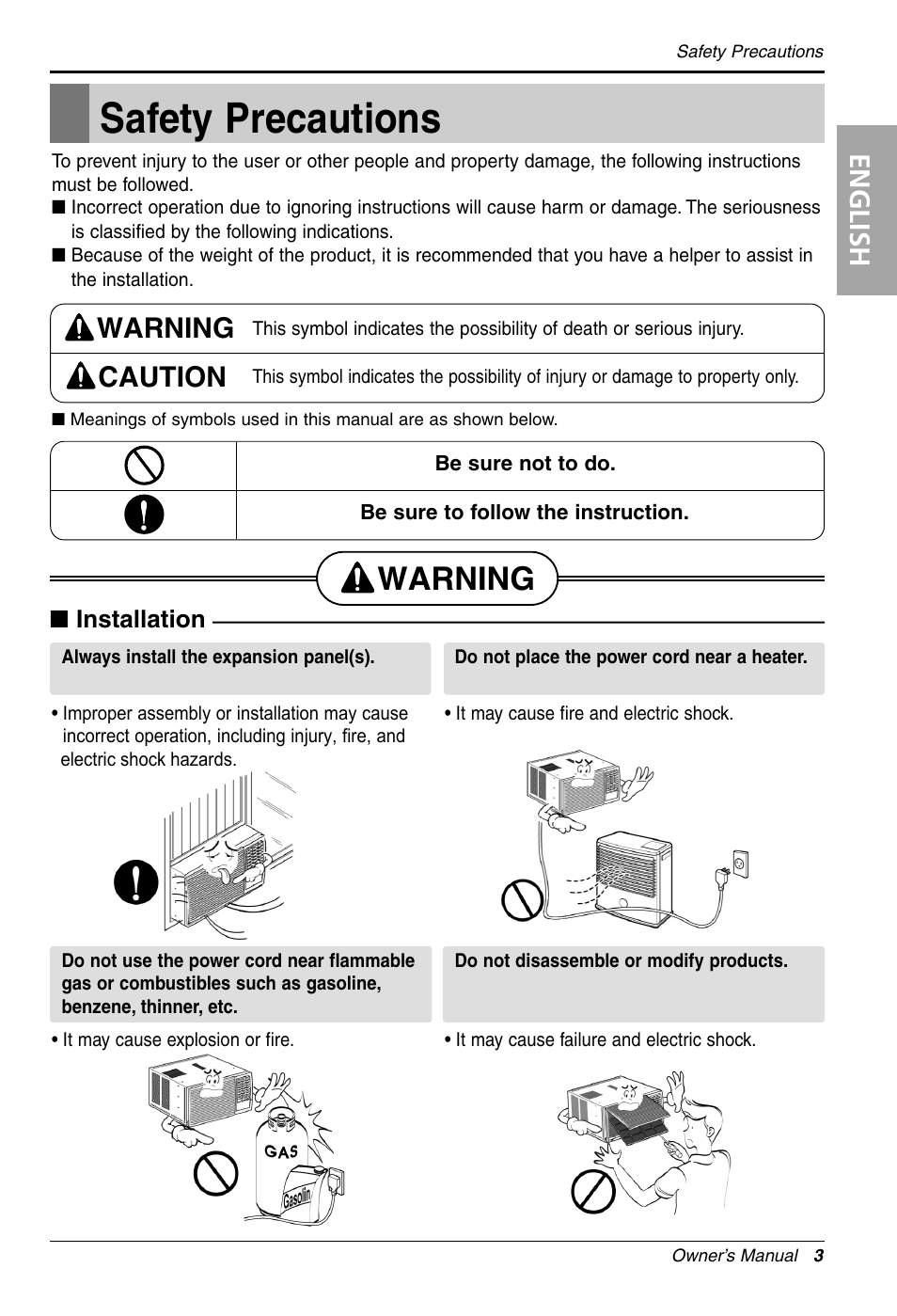 Safety precautions, Warning, English | Warning caution, Installation | LG WG1205R User Manual | Page 3 / 50