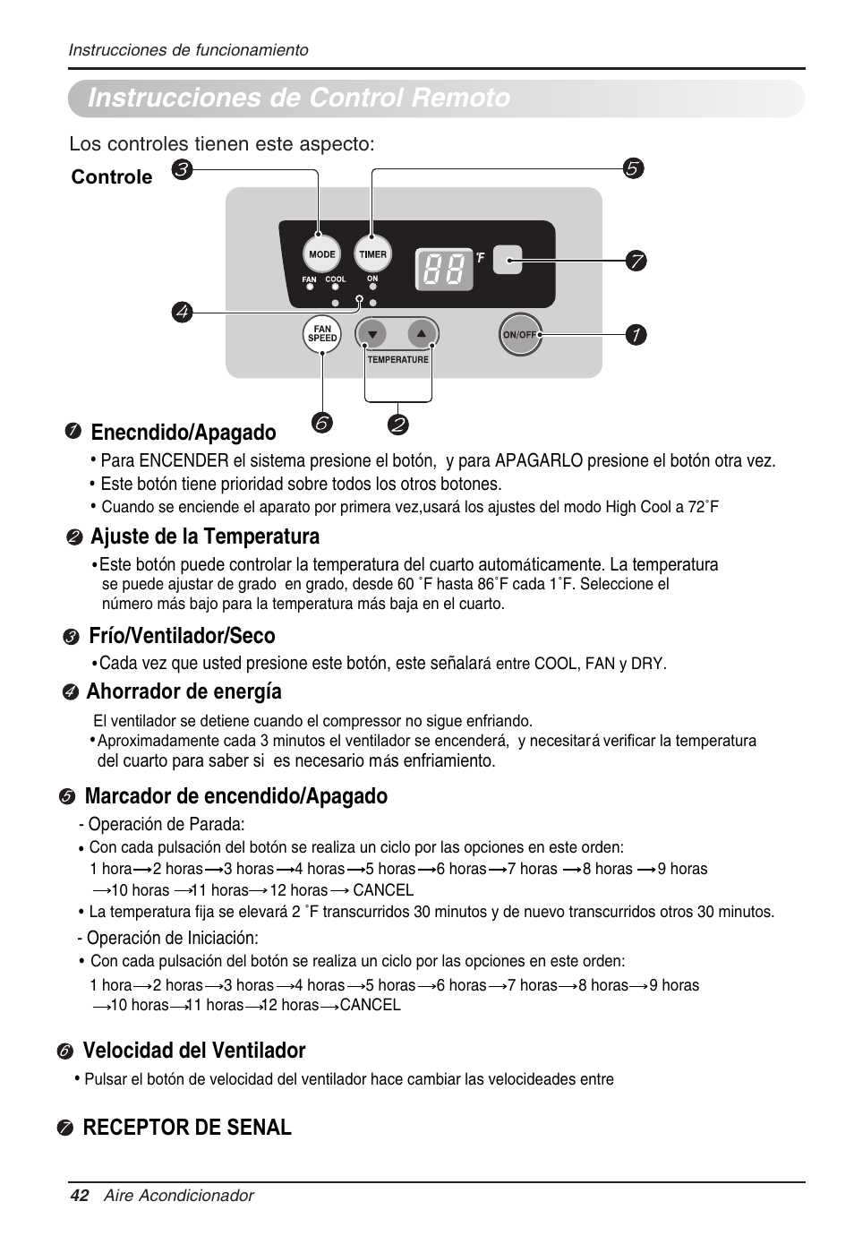 Instrucciones de control remoto, Enecndido/apagado, Ajuste de la temperatura | Frío/ventilador/seco, Marcador de encendido/apagado, Velocidad del ventilador, Receptor de senal ahorrador de energ a | LG WG1205R User Manual | Page 42 / 50