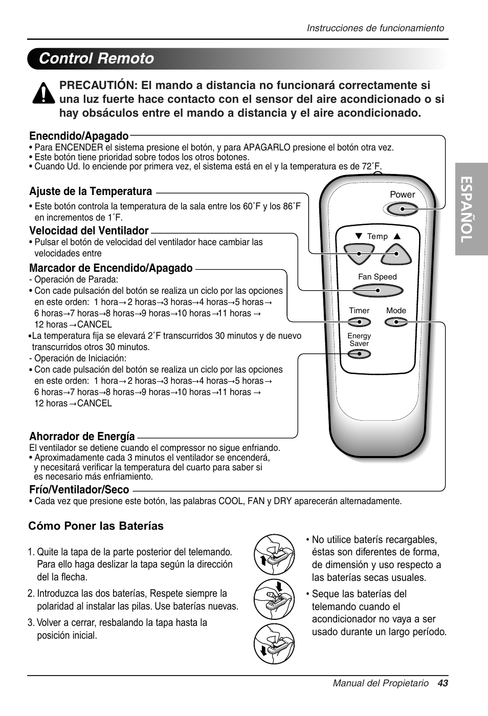 Control remoto, Espa ñ ol | LG WG1205R User Manual | Page 43 / 50