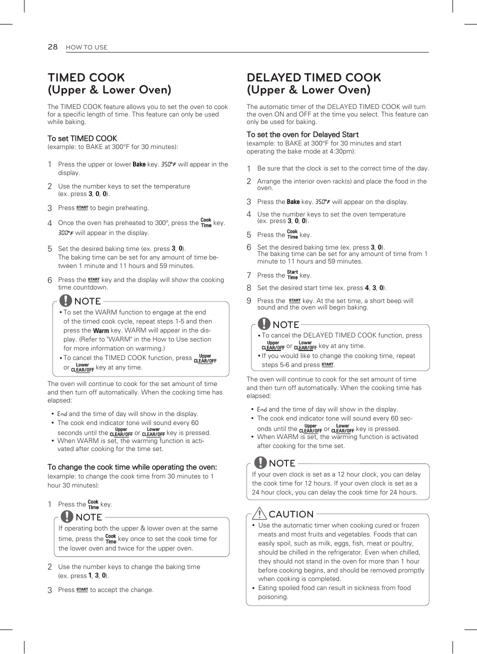 Timed cook (upper & lower oven), Delayed timed cook (upper & lower oven), Caution | LG LDG3037ST User Manual | Page 28 / 100