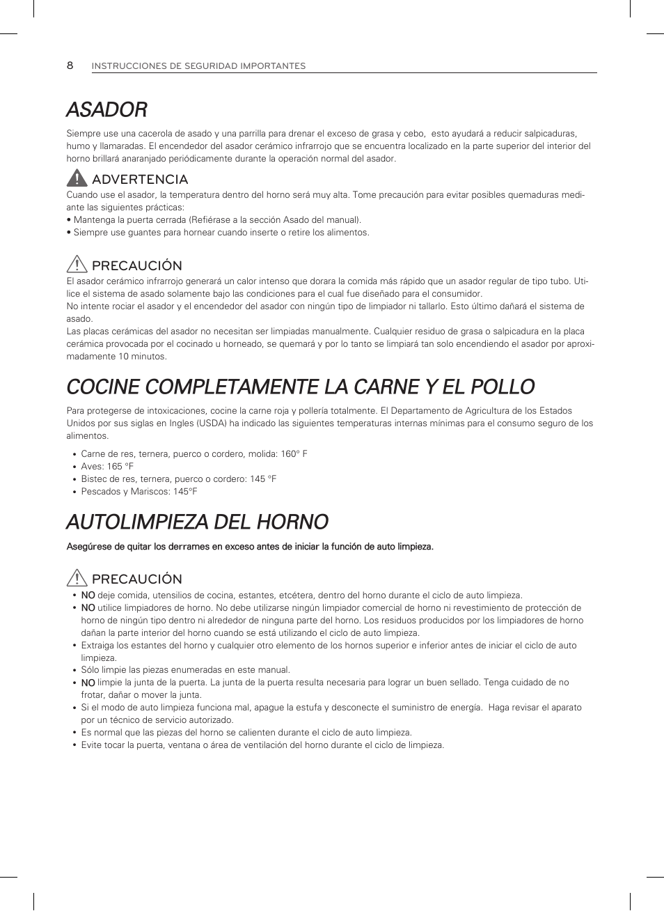 Asador, Cocine completamente la carne y el pollo, Autolimpieza del horno | Advertencia, Precaución | LG LDG3037ST User Manual | Page 56 / 100