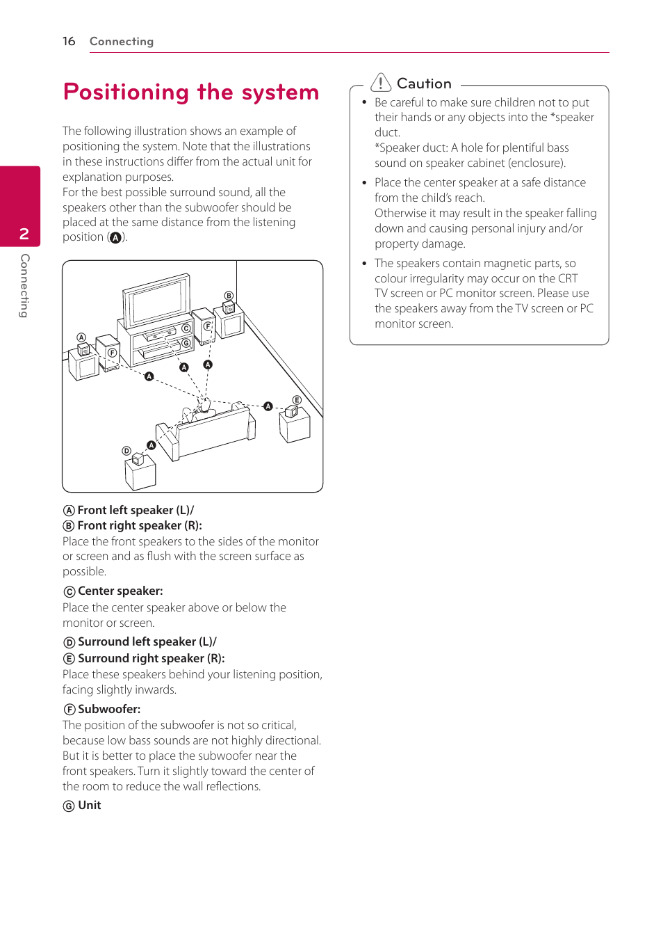 2 connecting, Positioning the system, Caution | LG LHB996 User Manual | Page 16 / 74