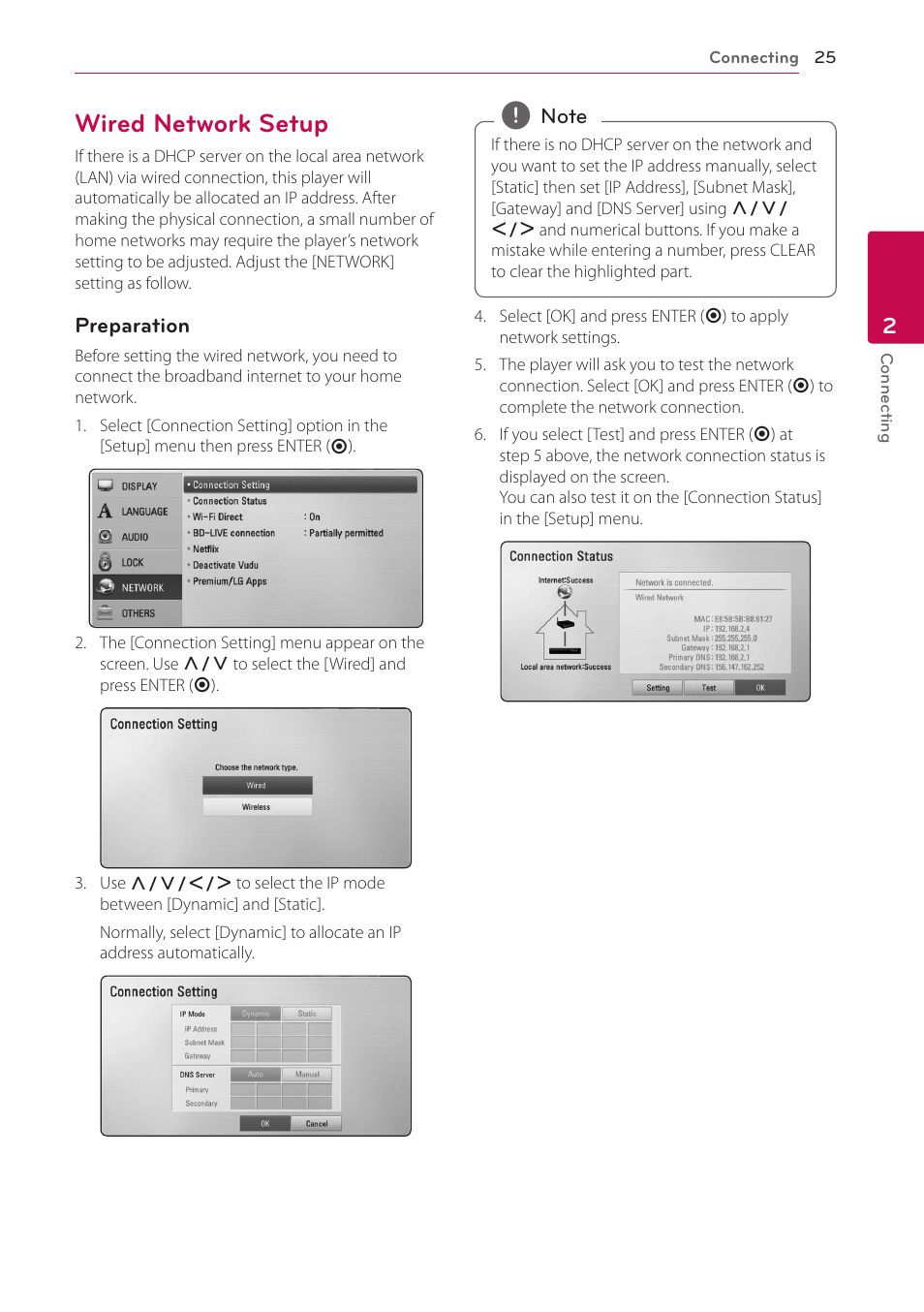 Wired network setup, 25 – wired network setup | LG LHB996 User Manual | Page 25 / 74