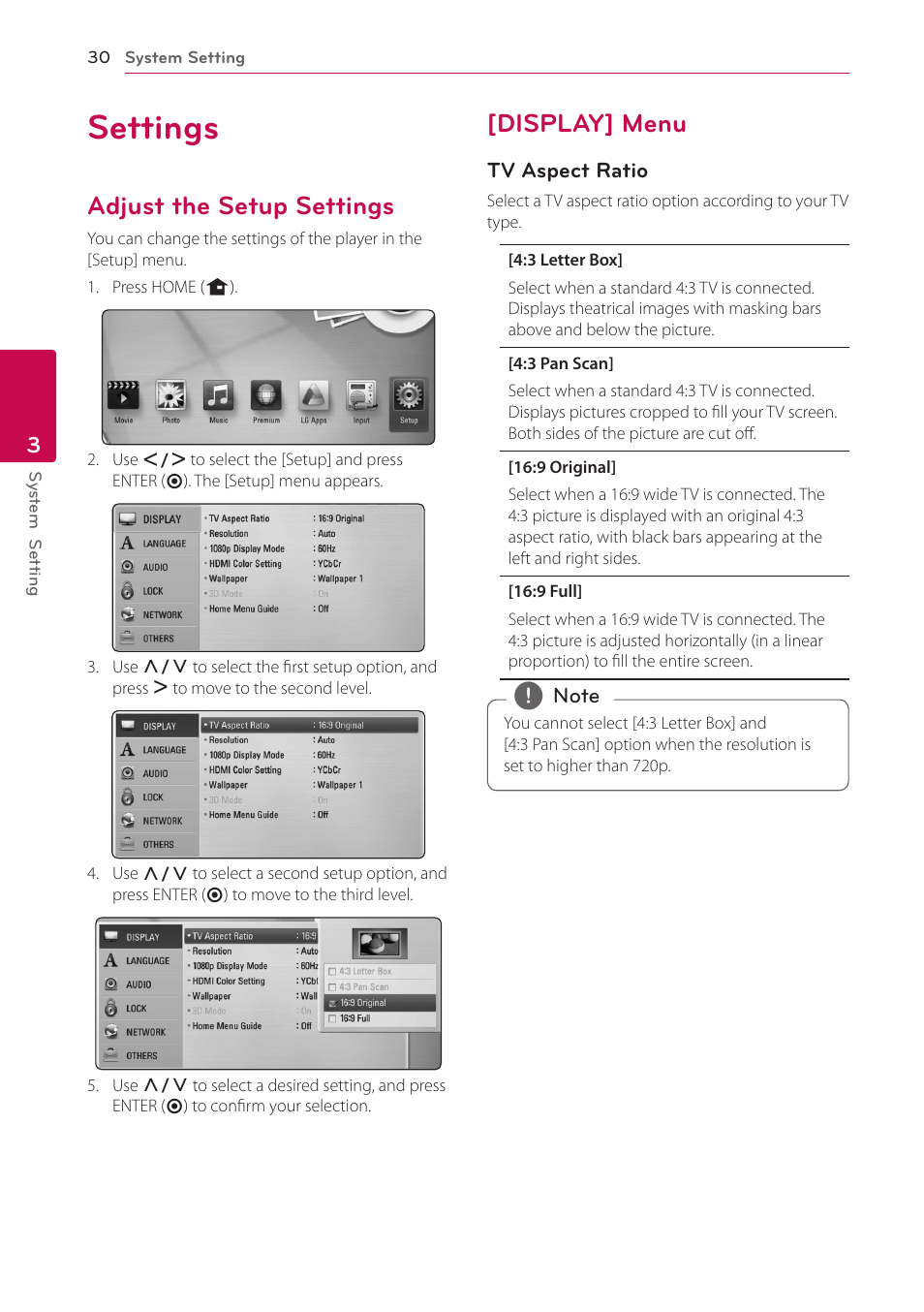 3 system setting, Settings, Adjust the setup settings | Display] menu | LG LHB996 User Manual | Page 30 / 74