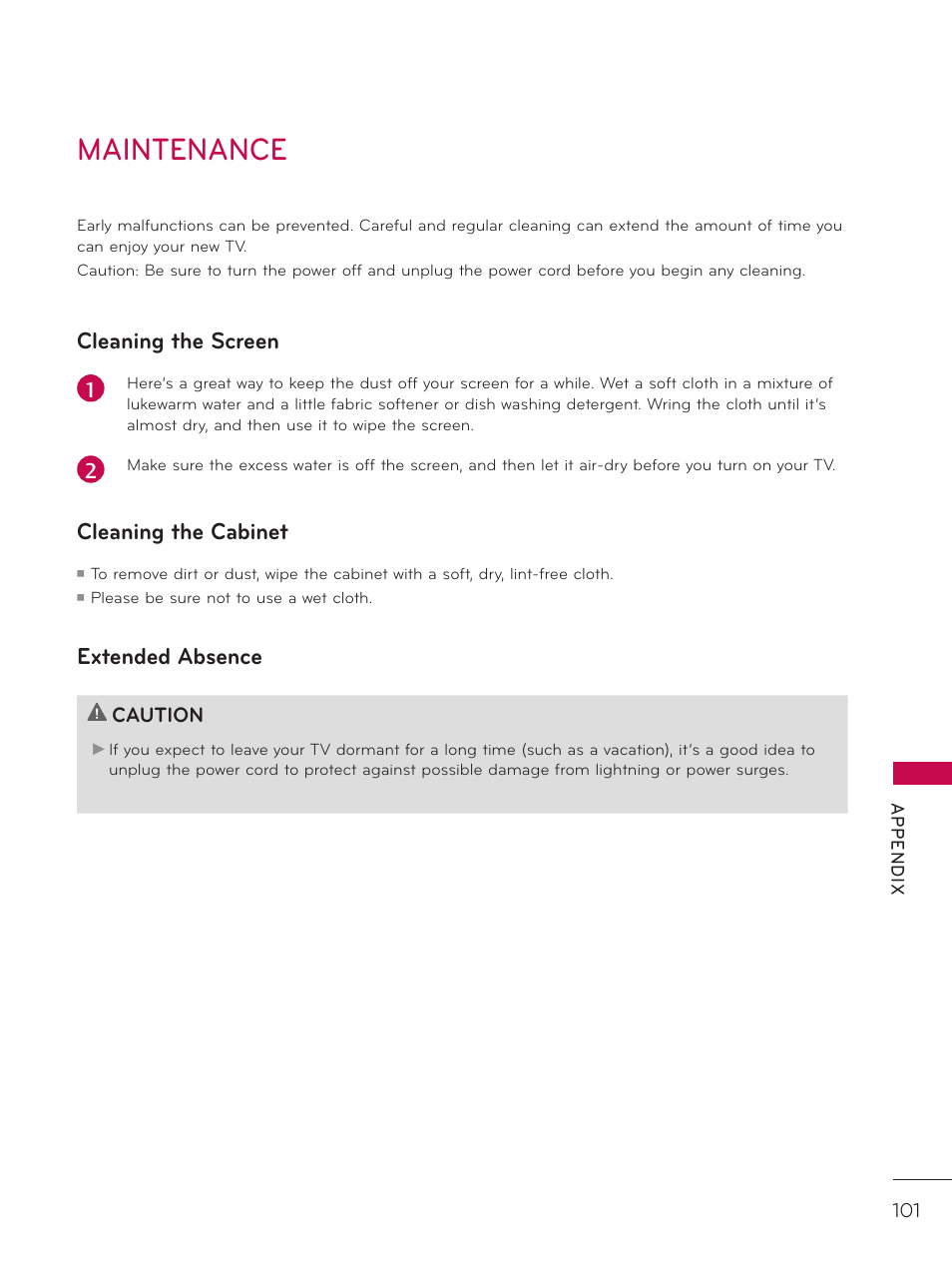 Product specifications, Maintenance, Cleaning the screen | Cleaning the cabinet, Extended absence | LG 26LD320H User Manual | Page 101 / 165