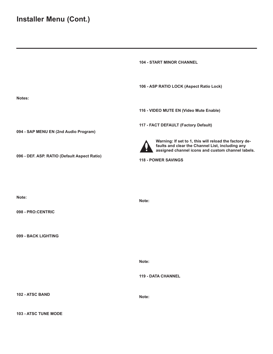 Installer menu (cont.) | LG 26LD320H User Manual | Page 138 / 165