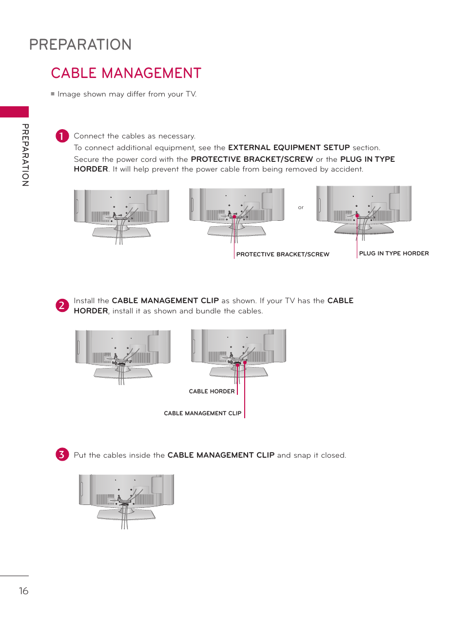 Cable management, Preparation | LG 26LD320H User Manual | Page 16 / 165