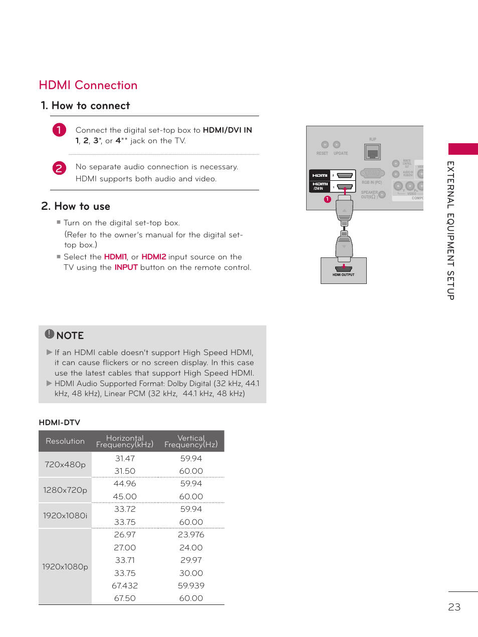 Hdmi connection, Dvi to hdmi connection, How to connect | How to use | LG 26LD320H User Manual | Page 23 / 165