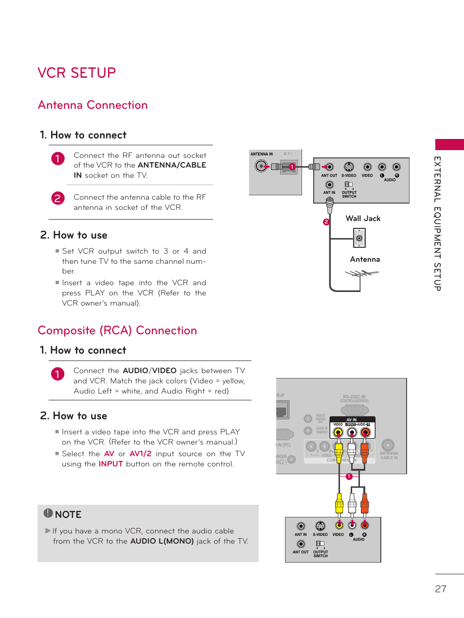 Vcr setup, Antenna connection, Composite (rca) connection | How to connect, How to use, Wall jack antenna | LG 26LD320H User Manual | Page 27 / 165