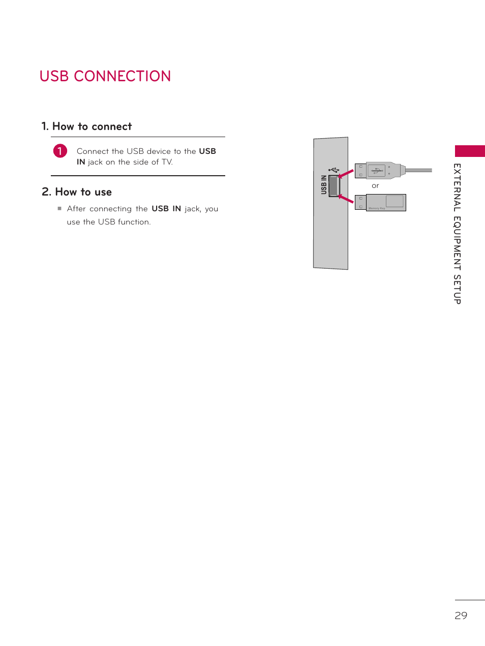 Usb connection, How to connect, How to use | LG 26LD320H User Manual | Page 29 / 165